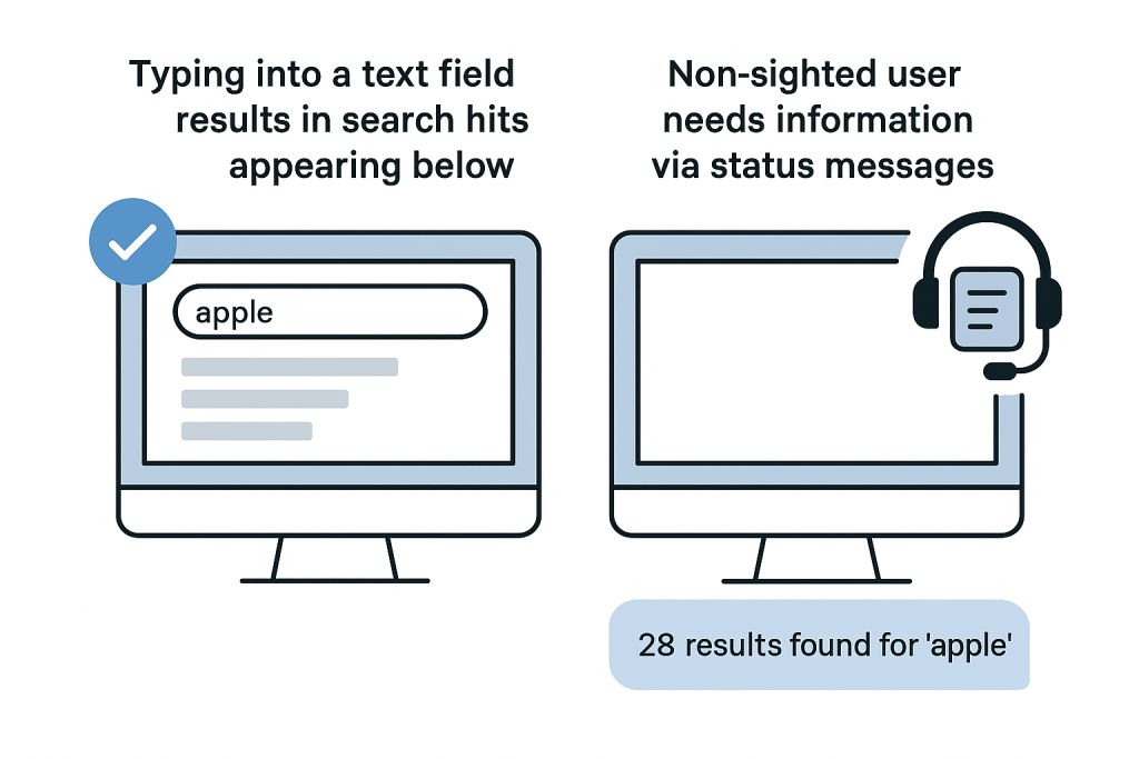 Example: "apple" is typed into a text field, "28 results found for 'apple'" is read out loud.