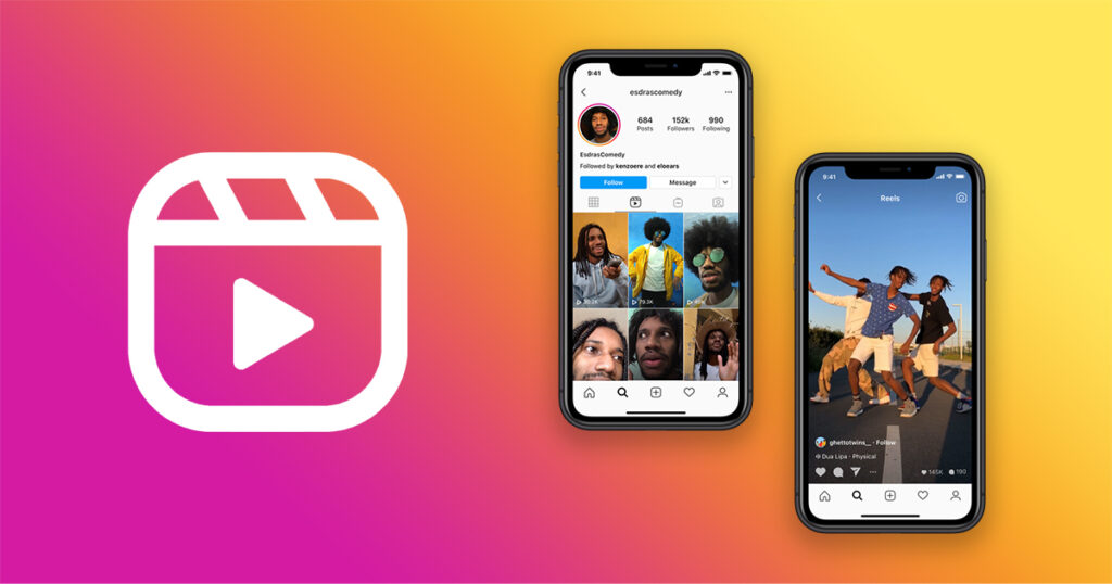Instagram Reels, with the Reels icon on the left (a play button inside a stylised film strip) and two smartphones on the right displaying the Instagram app. One phone shows a user profile, and the other shows a dancing video playing in the Reels interface.